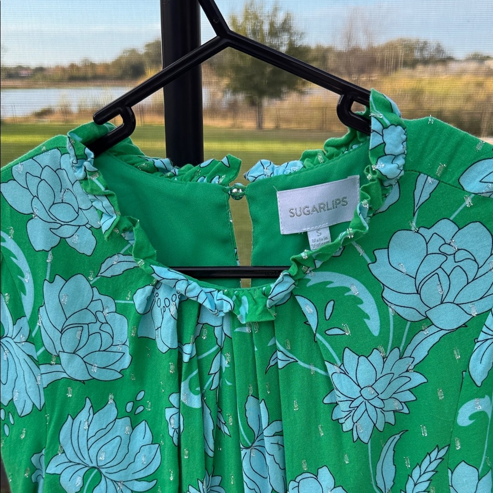 Sugarlips Green water Lilly Floral Long Sleeve tiered Dress